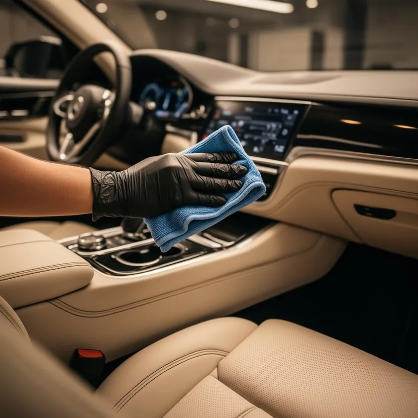 Steam cleaning and shampooing the leather interior of a luxury vehicle